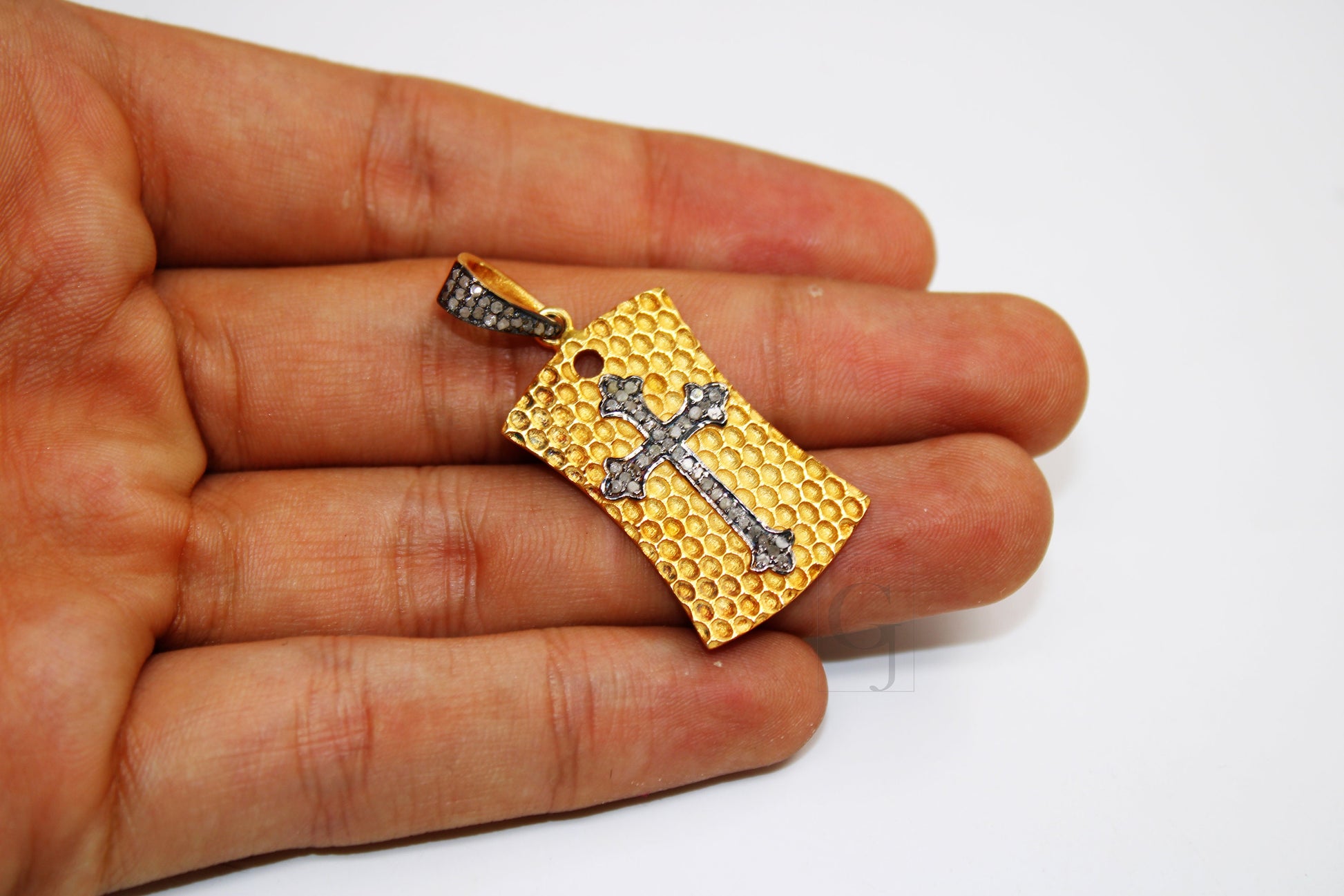 18K GOLD Cross Dogtag Pendant Designer Rosecut Pave Diamond Pendant 925 Sterling Silver Handmade Finish Diamond Charms Necklace Pendant