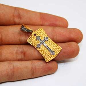 18K GOLD Cross Dogtag Pendant Designer Rosecut Pave Diamond Pendant 925 Sterling Silver Handmade Finish Diamond Charms Necklace Pendant