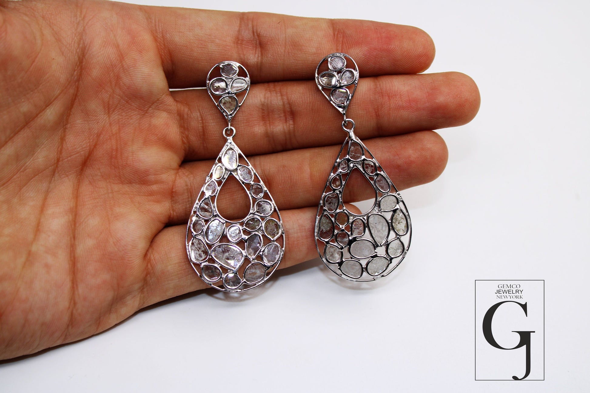 Teardrop shiny finish polki diamond earring Rosecut pave diamond earrings 925 sterling silver handmade silver finish flat diamond earrings