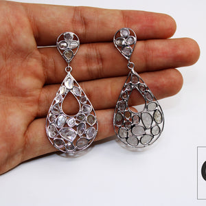 Teardrop shiny finish polki diamond earring Rosecut pave diamond earrings 925 sterling silver handmade silver finish flat diamond earrings