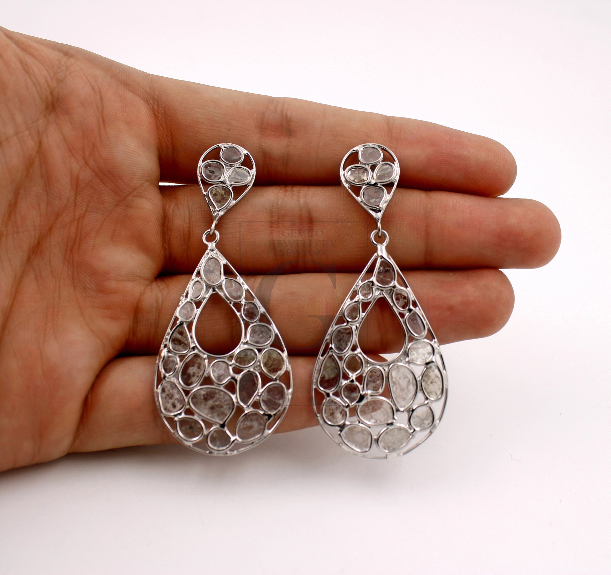 Teardrop shiny finish polki diamond earring Rosecut pave diamond earrings 925 sterling silver handmade silver finish flat diamond earrings