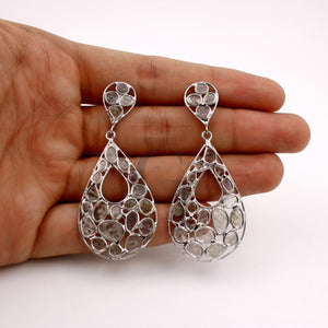 Teardrop shiny finish polki diamond earring Rosecut pave diamond earrings 925 sterling silver handmade silver finish flat diamond earrings