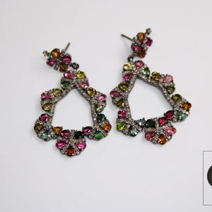 Fashionable designer multi tourmaline earring Rosecut pave diamond earrings 925 sterling silver handmade silver finish diamond earring