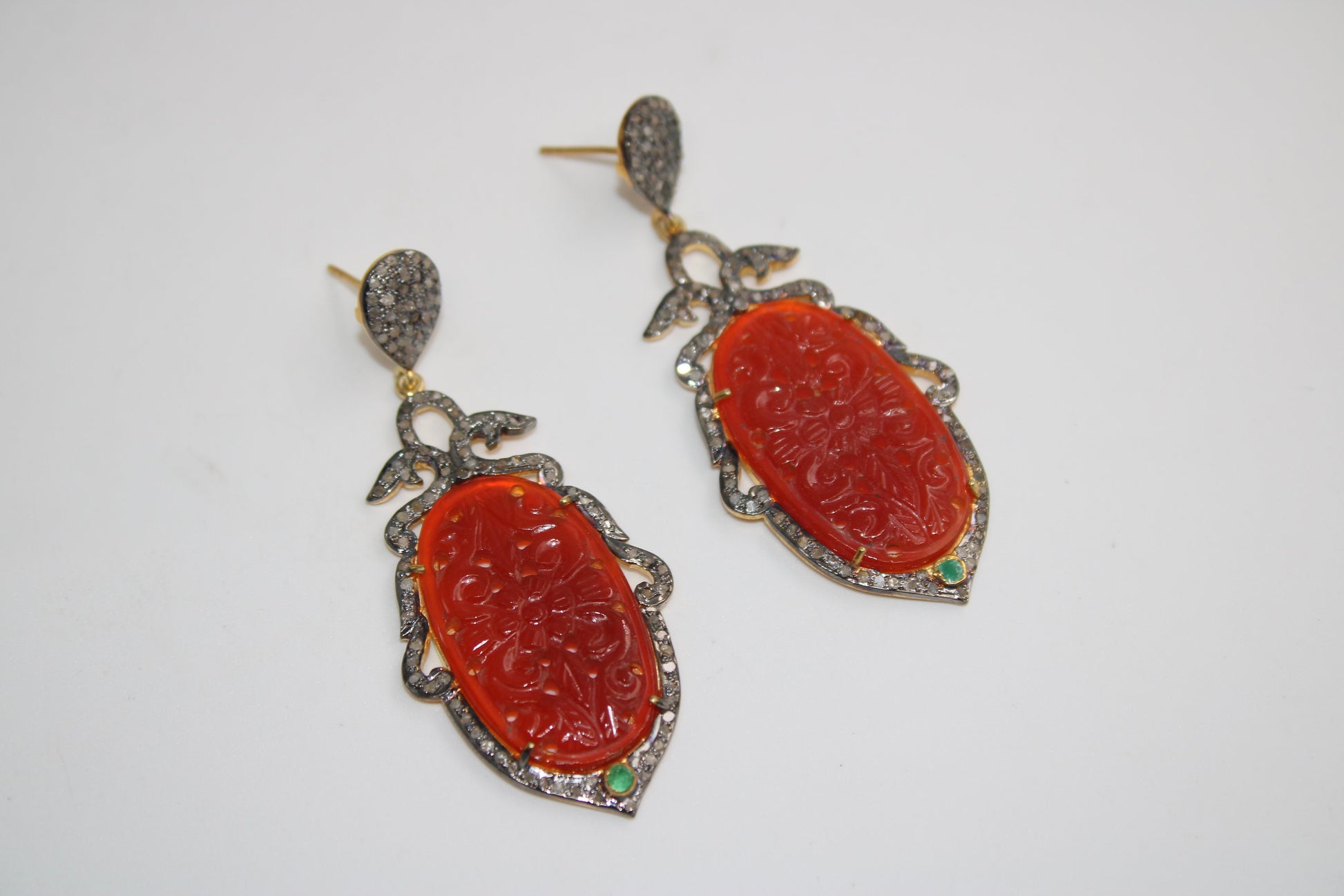 Very Beautiful Red Onyx Carving Stone Designer Rosecut Pave Diamond Earrings 925 Sterling Silver Finish Antique Look Handmade  Earrings