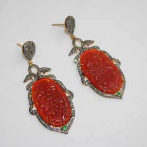 Very Beautiful Red Onyx Carving Stone Designer Rosecut Pave Diamond Earrings 925 Sterling Silver Finish Antique Look Handmade  Earrings