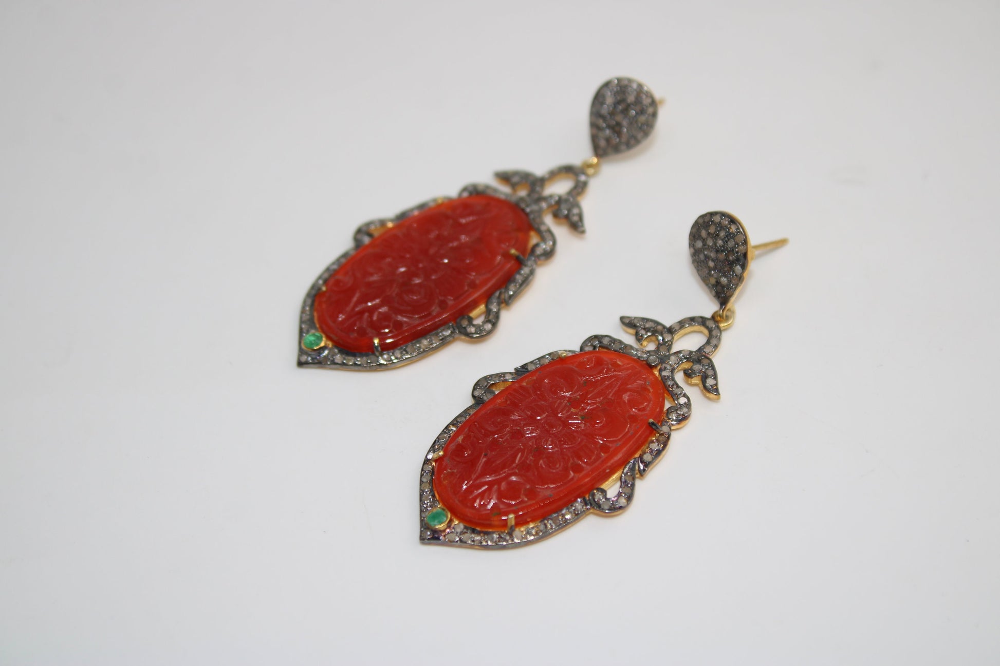 Very Beautiful Red Onyx Carving Stone Designer Rosecut Pave Diamond Earrings 925 Sterling Silver Finish Antique Look Handmade  Earrings