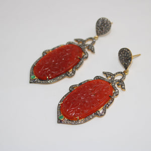 Very Beautiful Red Onyx Carving Stone Designer Rosecut Pave Diamond Earrings 925 Sterling Silver Finish Antique Look Handmade  Earrings