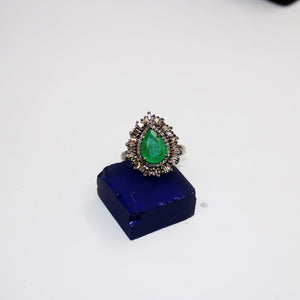 Antique Look Designer Pear Emerald Baguette Diamond Ring Rosecut Pave Diamond Rings 925 Sterling Silver Handmade Silver Finish Diamond Ring