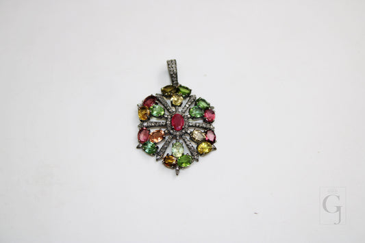 Beautiful Designer Multi Tourmaline Pendant Rosecut Pave Diamond Pendant 925 Sterling Silver Handmade Finish Diamond Charms Necklace Pendant