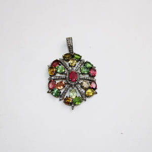 Beautiful Designer Multi Tourmaline Pendant Rosecut Pave Diamond Pendant 925 Sterling Silver Handmade Finish Diamond Charms Necklace Pendant