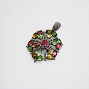 Beautiful Designer Multi Tourmaline Pendant Rosecut Pave Diamond Pendant 925 Sterling Silver Handmade Finish Diamond Charms Necklace Pendant