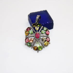 Beautiful Designer Multi Tourmaline Pendant Rosecut Pave Diamond Pendant 925 Sterling Silver Handmade Finish Diamond Charms Necklace Pendant