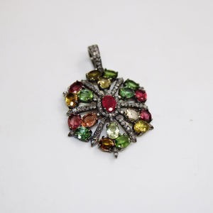 Beautiful Designer Multi Tourmaline Pendant Rosecut Pave Diamond Pendant 925 Sterling Silver Handmade Finish Diamond Charms Necklace Pendant