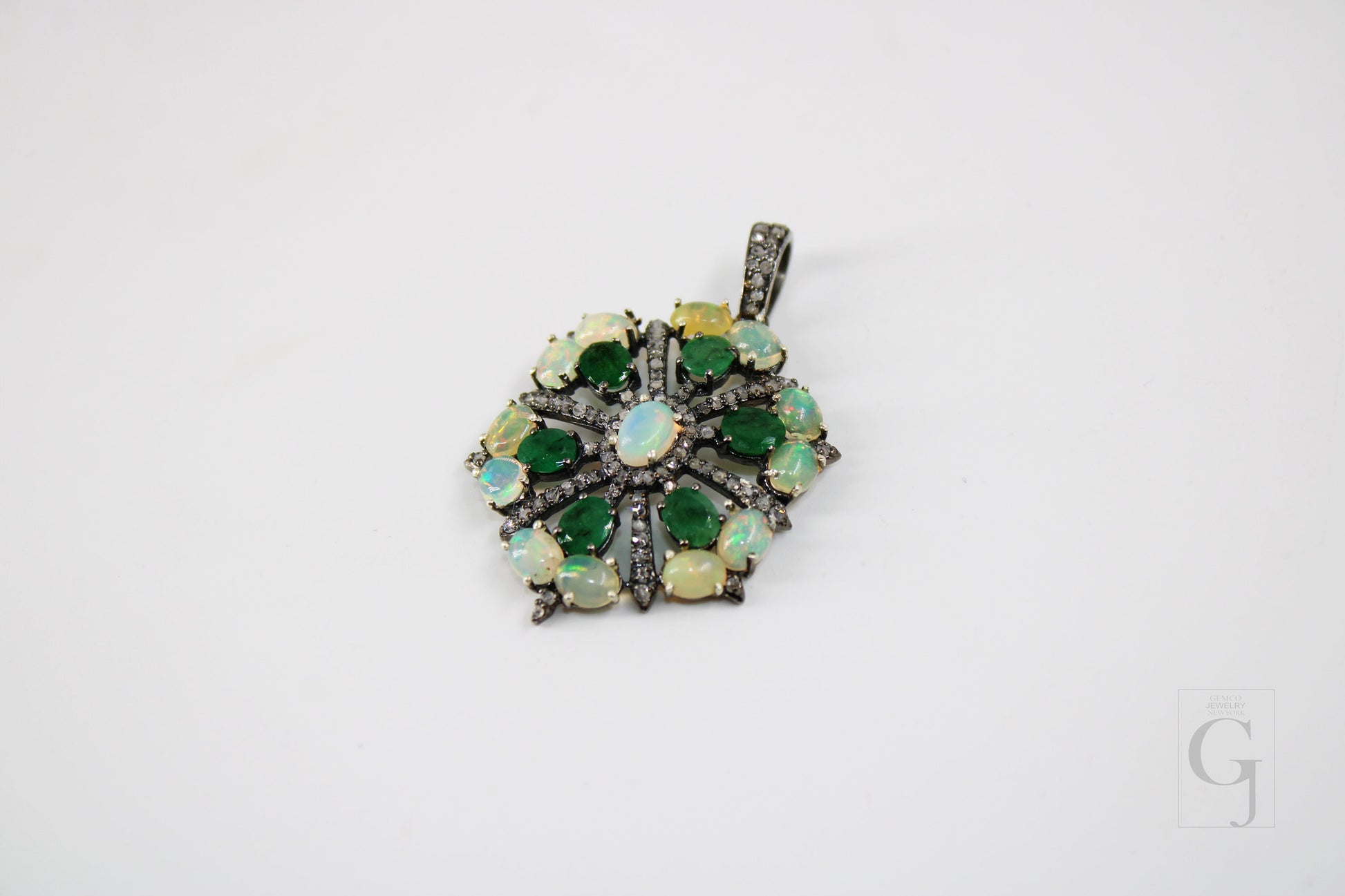 Beautiful Designer Emerald Opal Pendant  Rosecut Pave Diamond Pendant 925 Sterling Silver Handmade Finish Diamond Charms Necklace Pendant