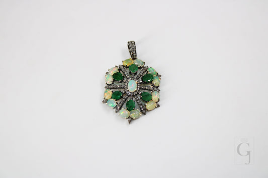 Beautiful Designer Emerald Opal Pendant  Rosecut Pave Diamond Pendant 925 Sterling Silver Handmade Finish Diamond Charms Necklace Pendant