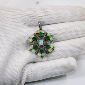 Beautiful Designer Emerald Opal Pendant  Rosecut Pave Diamond Pendant 925 Sterling Silver Handmade Finish Diamond Charms Necklace Pendant