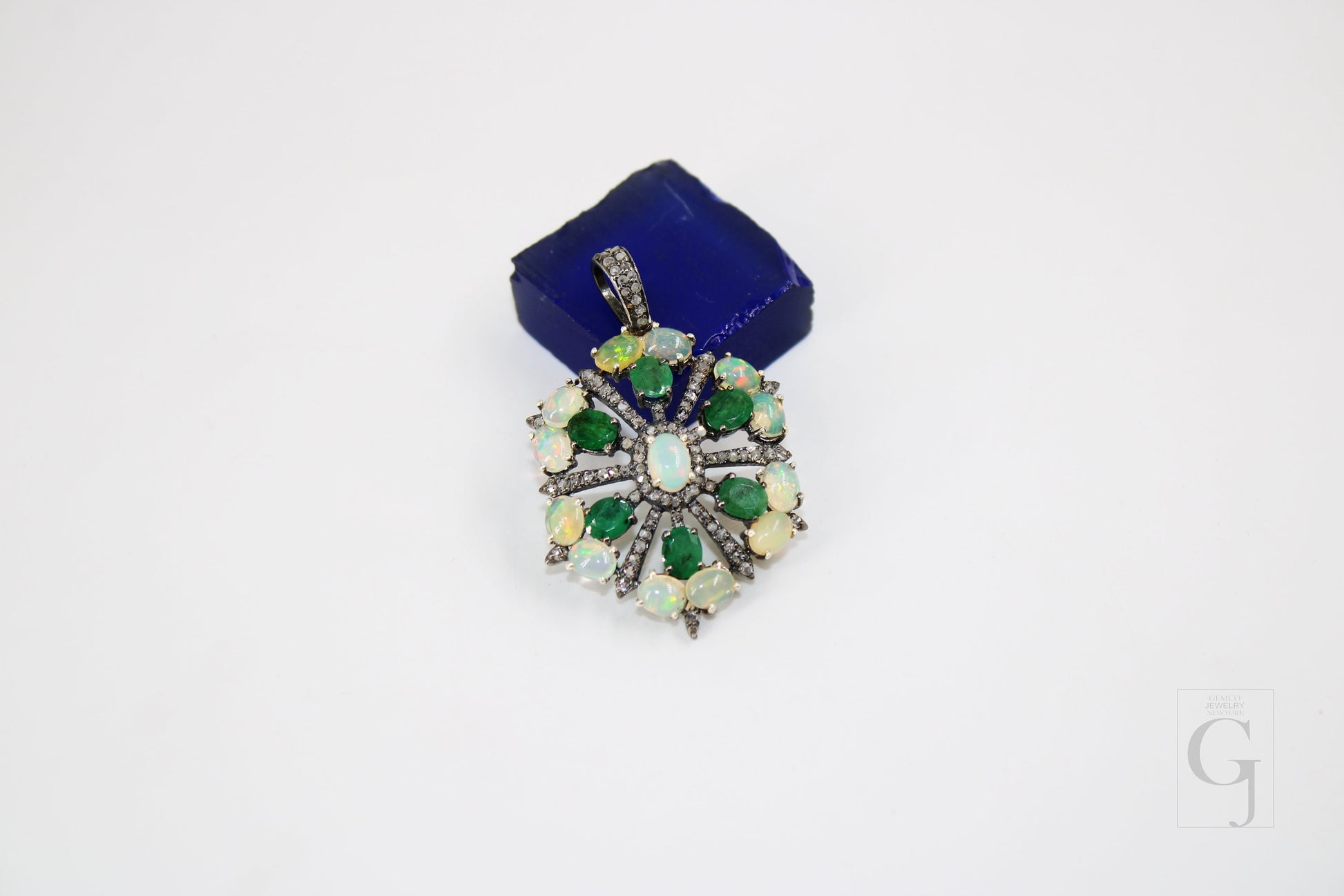 Beautiful Designer Emerald Opal Pendant  Rosecut Pave Diamond Pendant 925 Sterling Silver Handmade Finish Diamond Charms Necklace Pendant