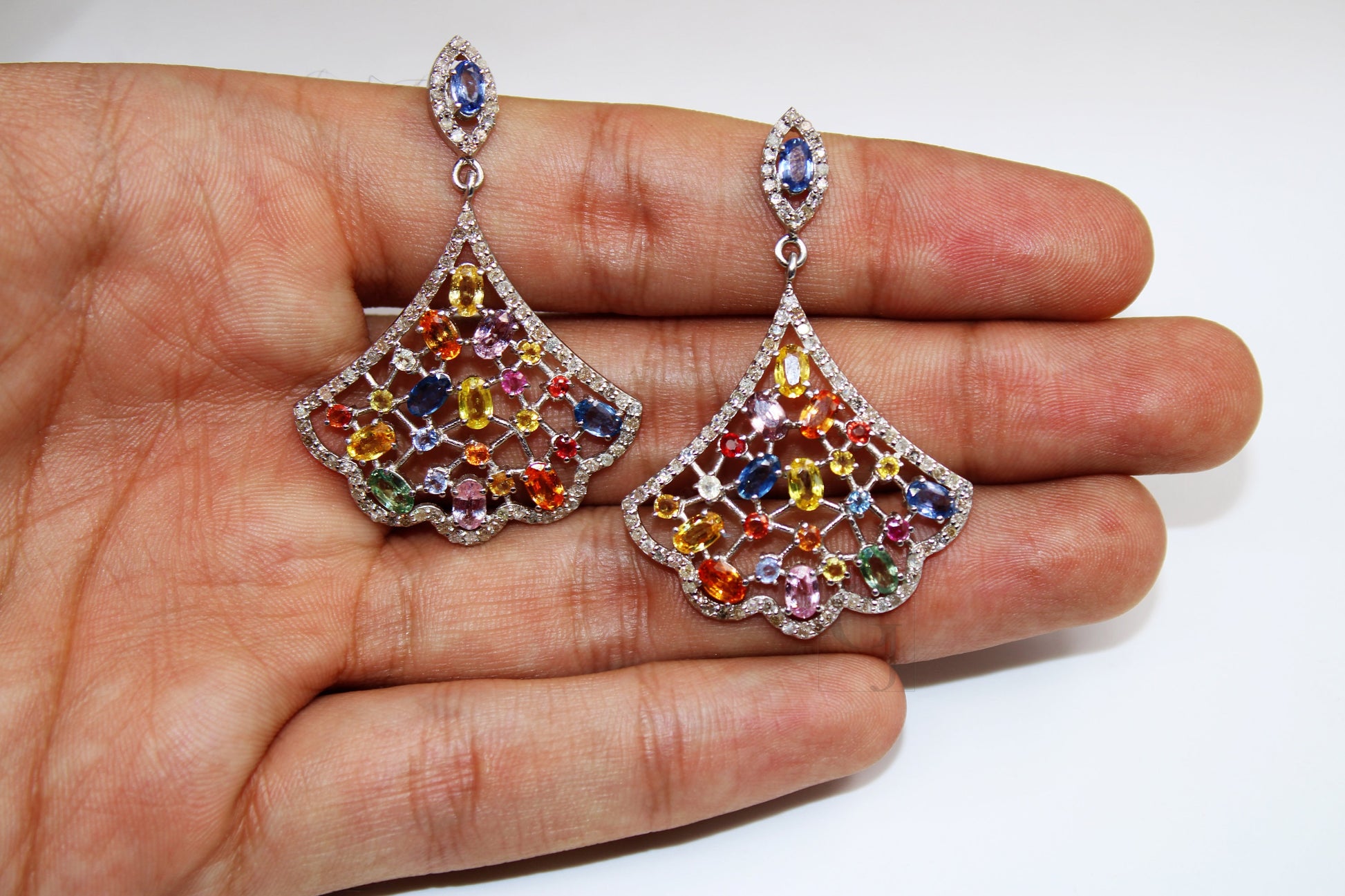 Very beautiful multi sapphire earring Rosecut pave diamond earrings 925 sterling silver handmade silver finish diamond earring