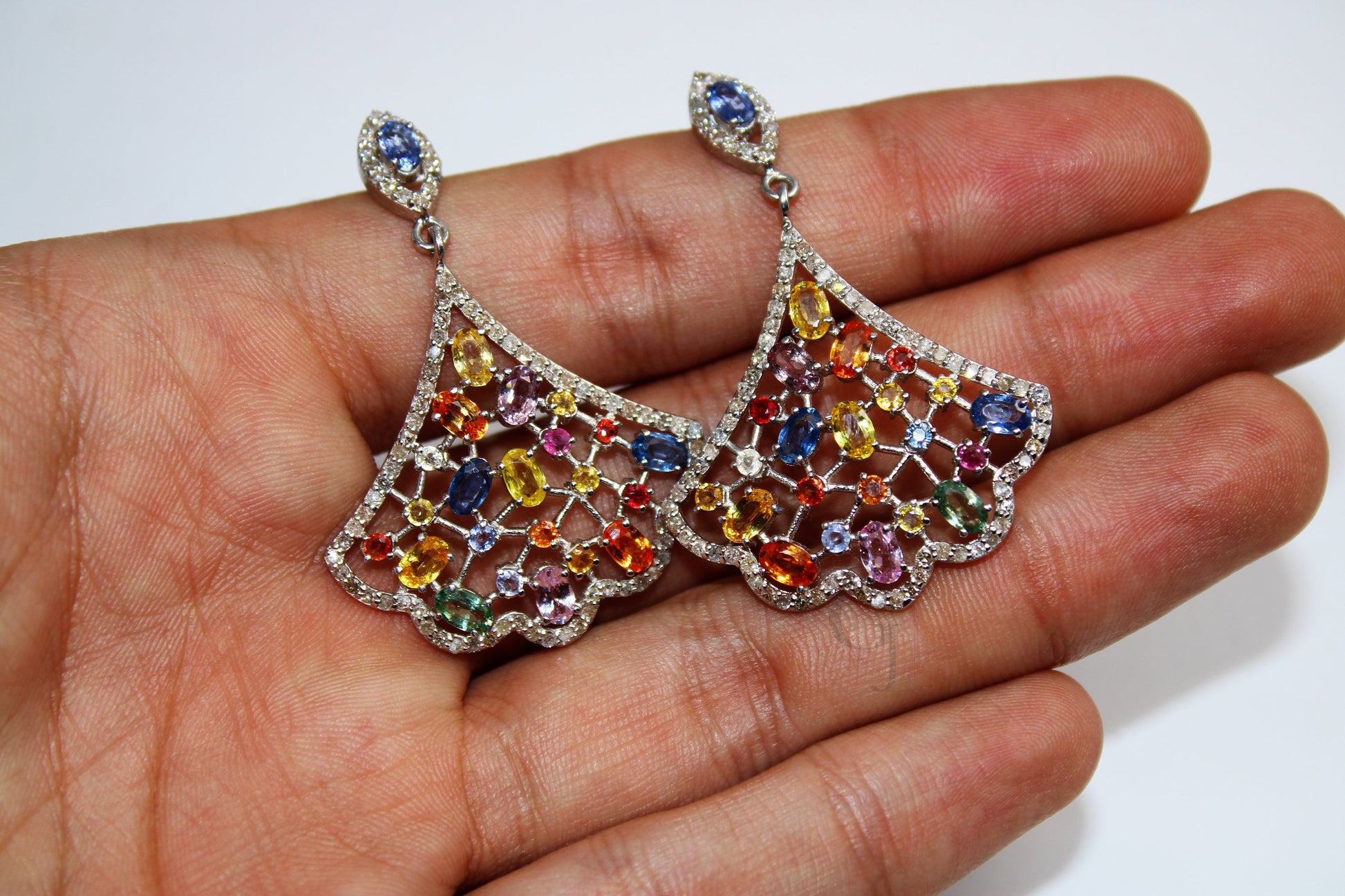 Very beautiful multi sapphire earring Rosecut pave diamond earrings 925 sterling silver handmade silver finish diamond earring