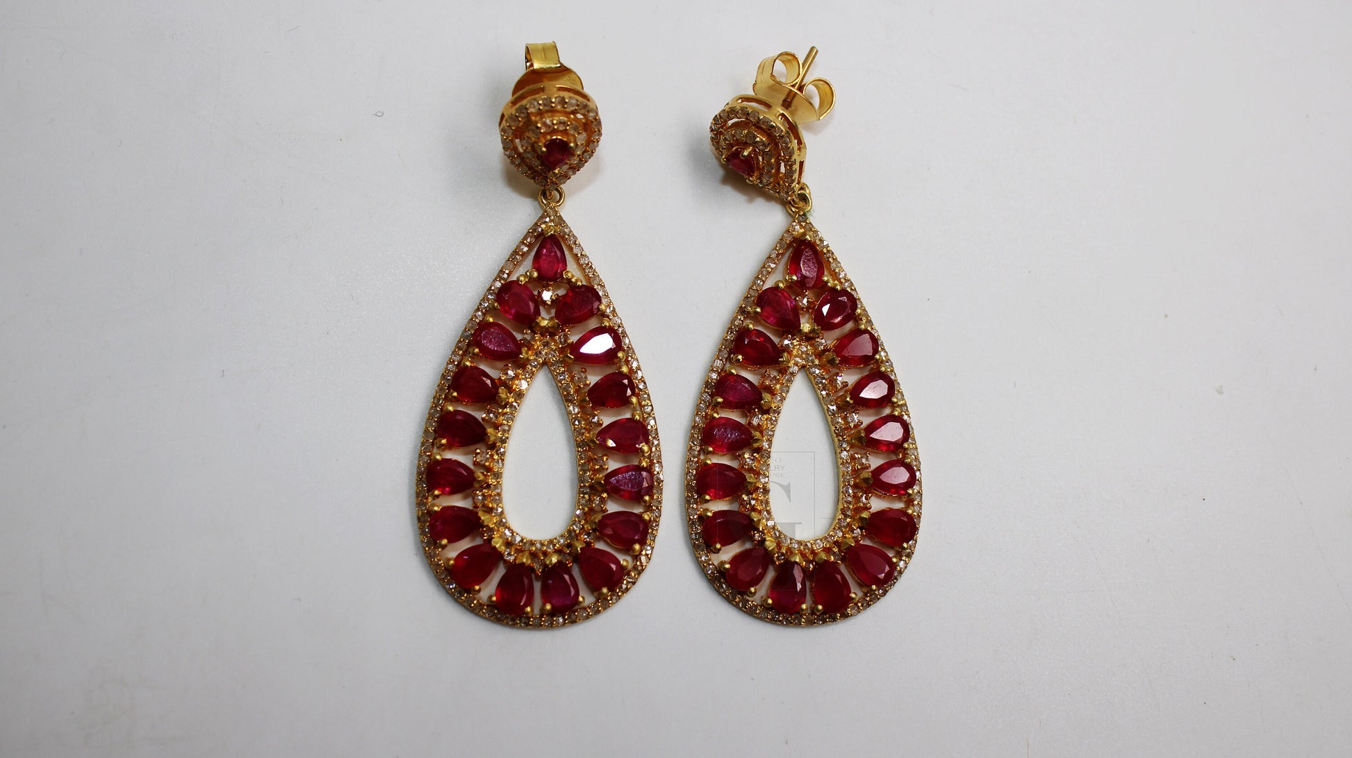 18k Gold Designer Ruby Earring Rosecut Pave Diamond Earrings 925 Sterling Silver Handmade Silver Finish Diamond Earring