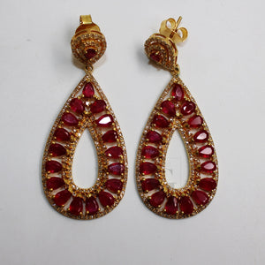 18k Gold Designer Ruby Earring Rosecut Pave Diamond Earrings 925 Sterling Silver Handmade Silver Finish Diamond Earring