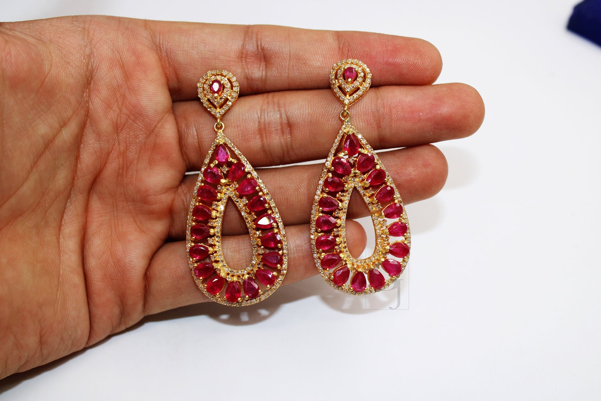 18k Gold Designer Ruby Earring Rosecut Pave Diamond Earrings 925 Sterling Silver Handmade Silver Finish Diamond Earring