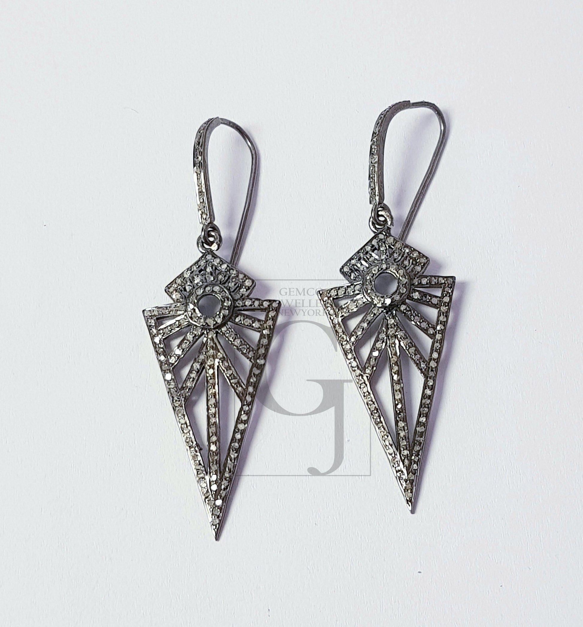 Antique look oxidized Arrow head designer earrings Rosecut pave diamond earrings 925 sterling silver handmade silver finish diamond earrings