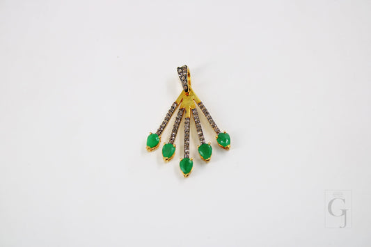 18k Gold Designer Spike Emerald Pendant  Rosecut Pave Diamond Pendant 925 Sterling Silver Handmade Finish Diamond Charms Necklace Pendant