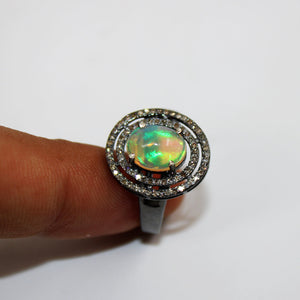 Beautiful  Designer Natural Fire Opal Ring Rosecut Pave Diamond Rings 925 Sterling Silver Handmade Silver Finish Diamond Ring Jewelry