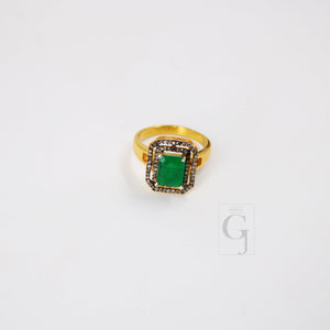 18k Gold Designer Emerald Ring Rosecut Pave Diamond Rings 925 Sterling Silver Handmade Silver Finish Diamond Ring Jewelry