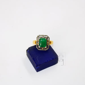 18k Gold Designer Emerald Ring Rosecut Pave Diamond Rings 925 Sterling Silver Handmade Silver Finish Diamond Ring Jewelry