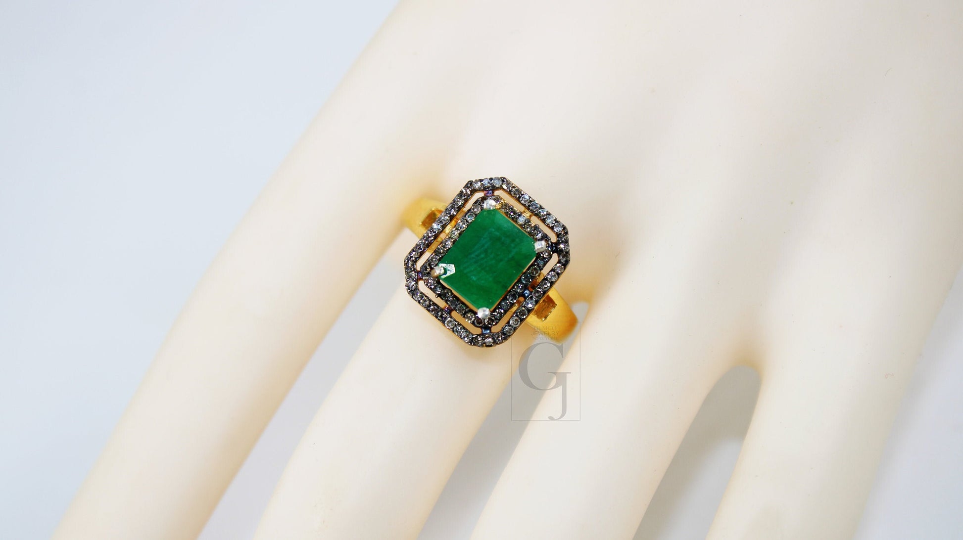 18k Gold Designer Emerald Ring Rosecut Pave Diamond Rings 925 Sterling Silver Handmade Silver Finish Diamond Ring Jewelry