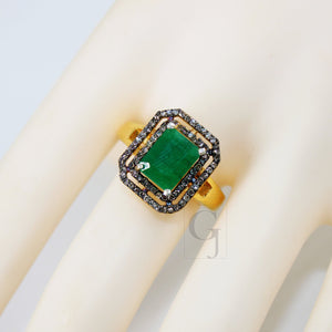 18k Gold Designer Emerald Ring Rosecut Pave Diamond Rings 925 Sterling Silver Handmade Silver Finish Diamond Ring Jewelry