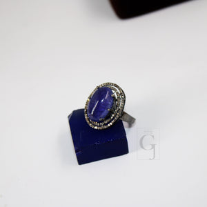 Antique Look Designer Natural Tanzanite Ring Rosecut Pave Diamond Rings 925 Sterling Silver Handmade Silver Finish Diamond Ring Jewelry