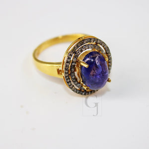 18k Gold Designer Natural Tanzanite Ring Rosecut Pave Diamond Rings 925 Sterling Silver Handmade Silver Finish Diamond Ring Jewelry