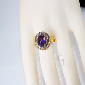 18k Gold Designer Natural Tanzanite Ring Rosecut Pave Diamond Rings 925 Sterling Silver Handmade Silver Finish Diamond Ring Jewelry