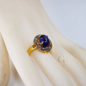 18k Gold Designer Natural Tanzanite Ring Rosecut Pave Diamond Rings 925 Sterling Silver Handmade Silver Finish Diamond Ring Jewelry