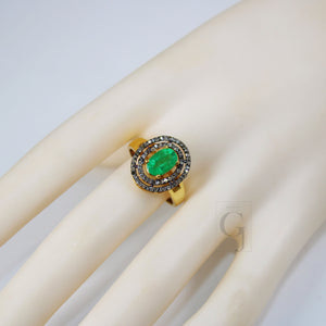 Fashionable 18k gold designer natural emerald ring Rosecut pave diamond ring 925 sterling silver handmade silver finish diamond ring jewelry