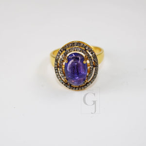 18k Gold Designer Natural Tanzanite Ring Rosecut Pave Diamond Rings 925 Sterling Silver Handmade Silver Finish Diamond Ring Jewelry