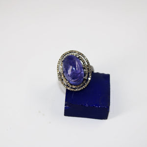 Antique Look Designer Natural Tanzanite Ring Rosecut Pave Diamond Rings 925 Sterling Silver Handmade Silver Finish Diamond Ring Jewelry