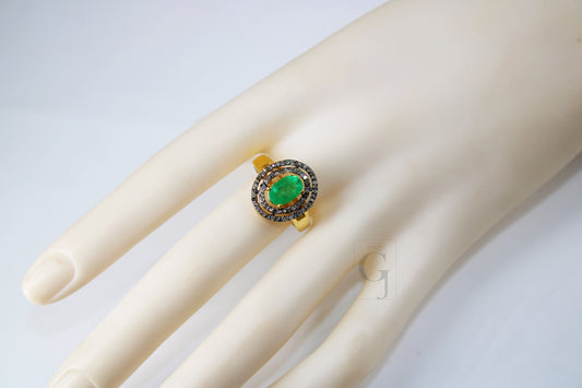 Fashionable 18k gold designer natural emerald ring Rosecut pave diamond ring 925 sterling silver handmade silver finish diamond ring jewelry