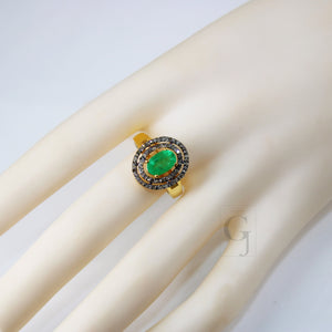 Fashionable 18k gold designer natural emerald ring Rosecut pave diamond ring 925 sterling silver handmade silver finish diamond ring jewelry