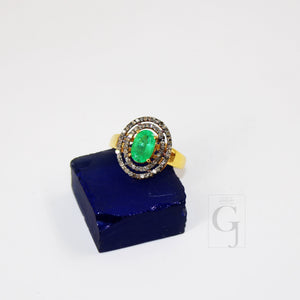 Fashionable 18k gold designer natural emerald ring Rosecut pave diamond ring 925 sterling silver handmade silver finish diamond ring jewelry