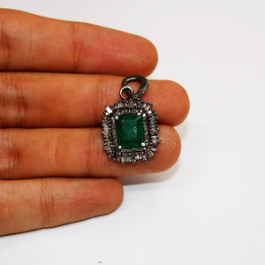 Fashionable baguette designer emerald pendant Rosecut pave diamond pendant 925 sterling silver handmade finish diamond charm necklace pendan