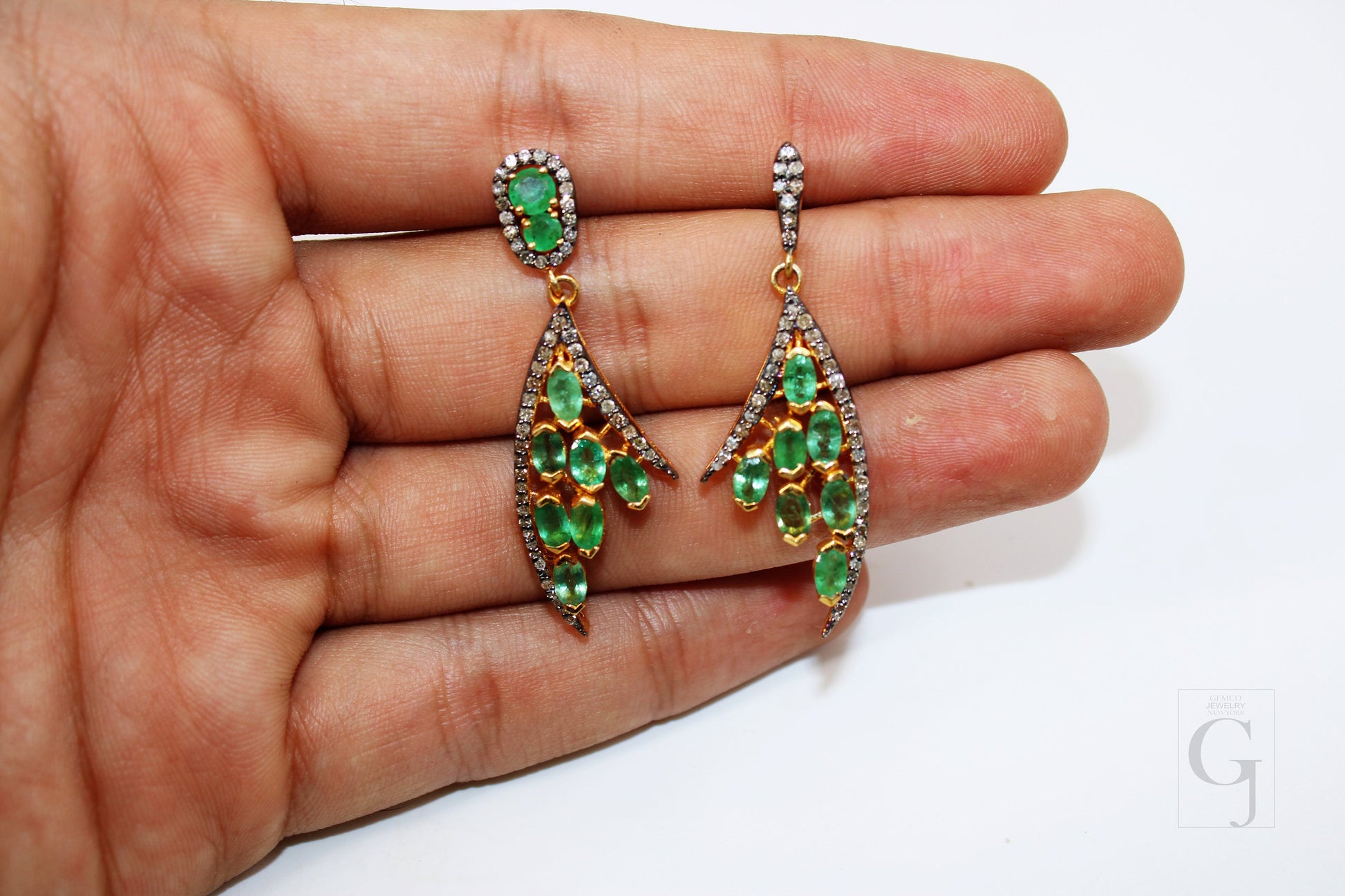 Beautiful 14k Gold Look Designer Emerald Earring Rosecut Pave Diamond Earrings 925 Sterling Silver Handmade Silver Finish Diamond Earring