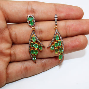 Beautiful 14k Gold Look Designer Emerald Earring Rosecut Pave Diamond Earrings 925 Sterling Silver Handmade Silver Finish Diamond Earring