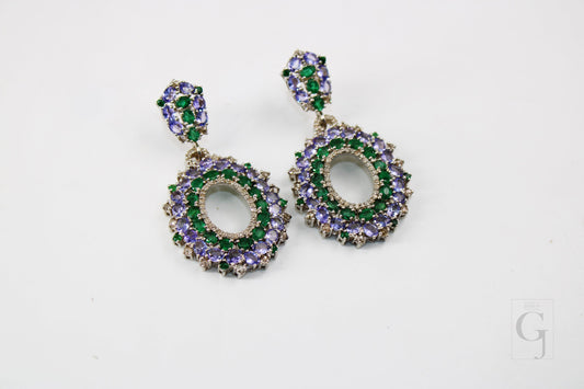 Beautiful Look Designer Tanzanite Emerald Earring Rosecut Pave Diamond Earrings 925 Sterling Silver Handmade Silver Finish Diamond Earring