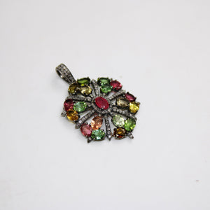Beautiful Designer Multi Tourmaline Pendant Rosecut Pave Diamond Pendant 925 Sterling Silver Handmade Finish Diamond Charms Necklace Pendant