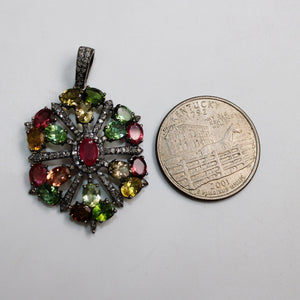 Beautiful Designer Multi Tourmaline Pendant Rosecut Pave Diamond Pendant 925 Sterling Silver Handmade Finish Diamond Charms Necklace Pendant