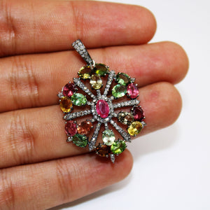 Beautiful Designer Multi Tourmaline Pendant Rosecut Pave Diamond Pendant 925 Sterling Silver Handmade Finish Diamond Charms Necklace Pendant